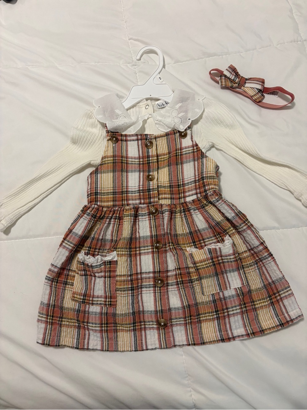 Girls Plaid Button-Front Pinafore Dress with White Onesie and Headband